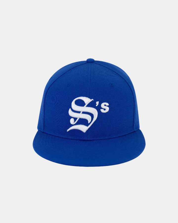 Blue cap with a white logo on a white background