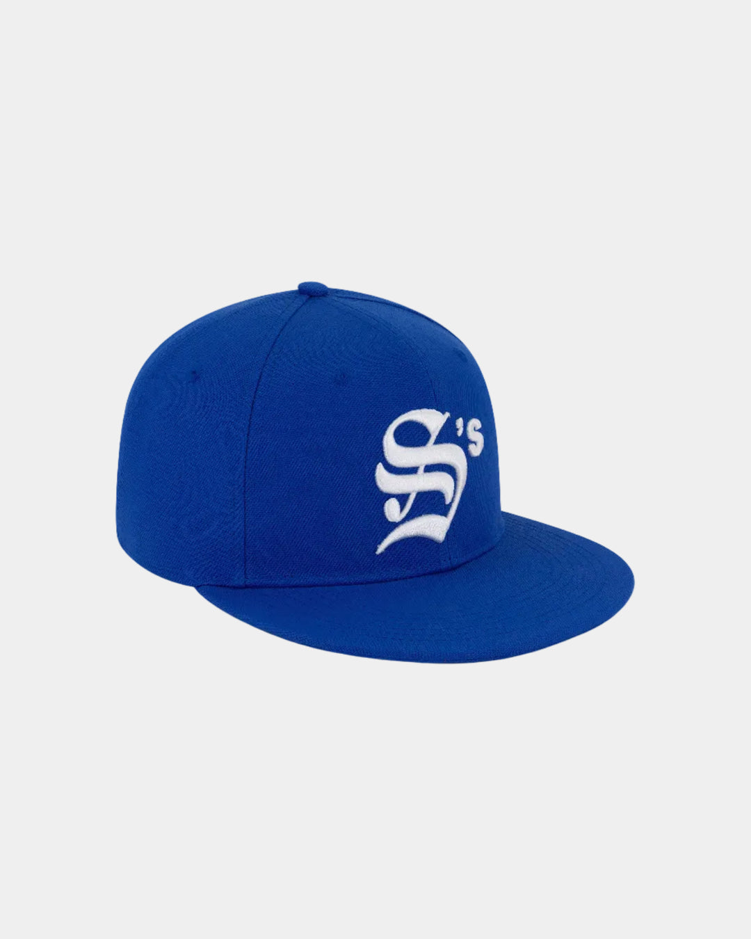 Blue cap with a white logo on a white background