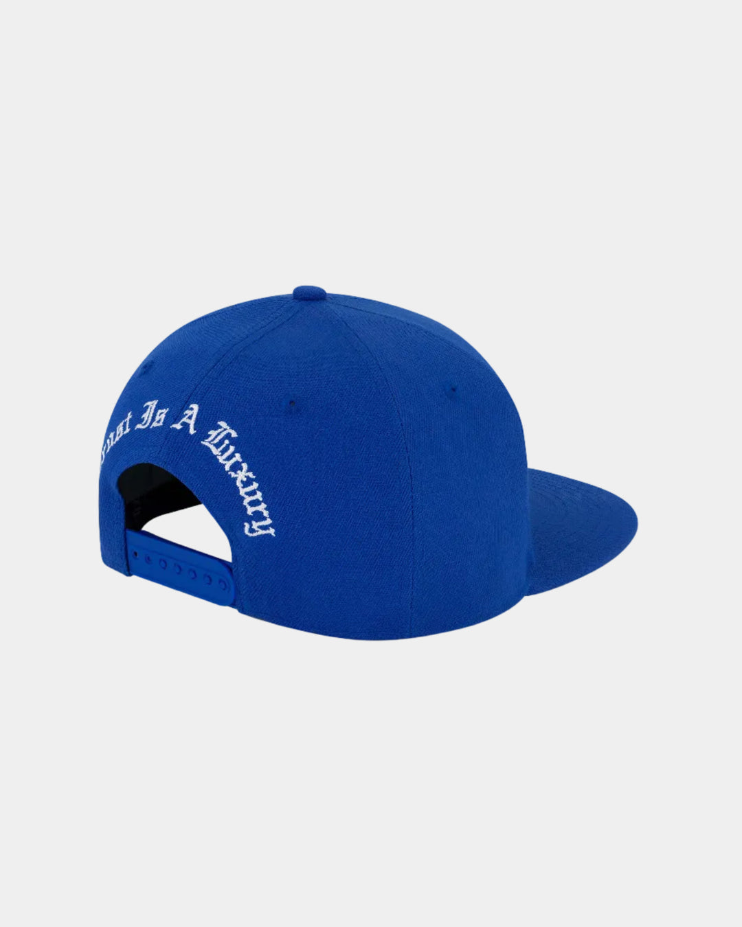 Blue cap with text on a white background