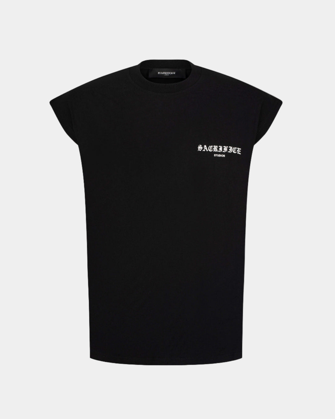 Black sleeveless top with white text on a light gray background