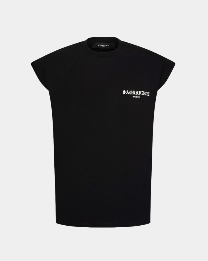 Black sleeveless top with white text on a light gray background