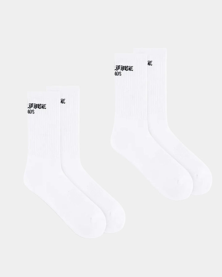 Two white socks with black text on a white background