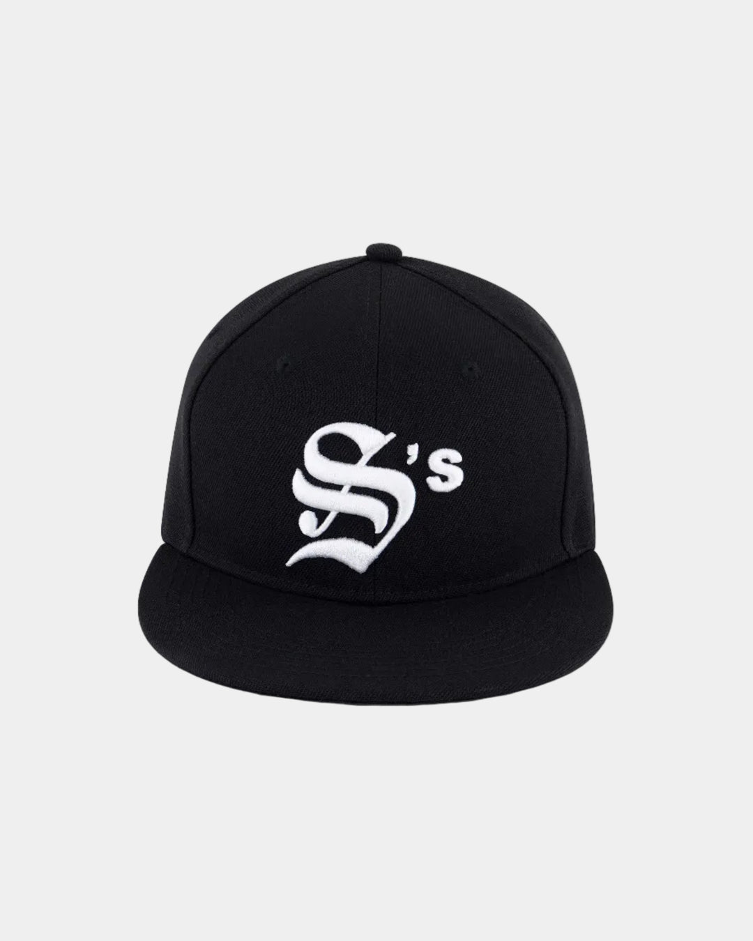 Black cap with a white logo on a white background