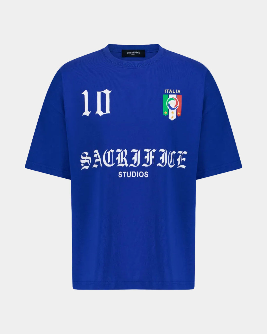 Italy Blue oversized t-shirt with Italian flag and text on a light grey background