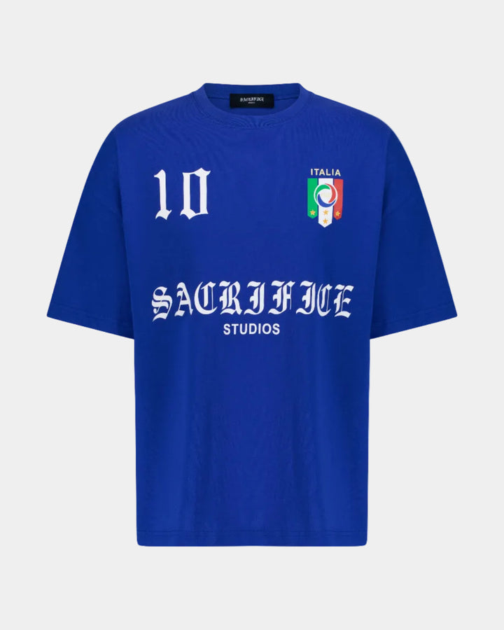 Italy Blue oversized t-shirt with Italian flag and text on a light grey background