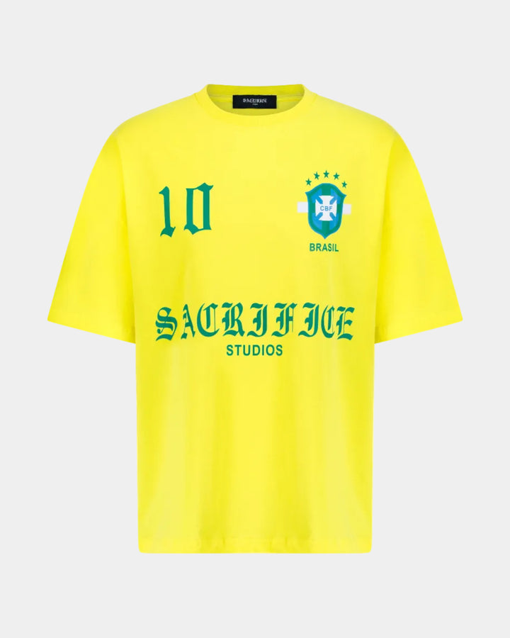 Brazil Yellow oversized t-shirt with green text and logo on a light grey background
