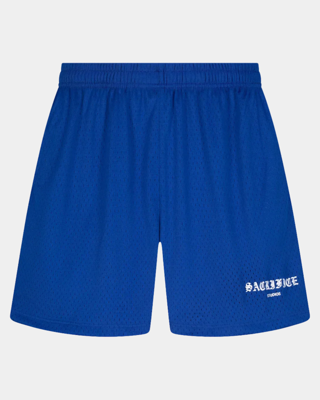Blue shorts with a brand logo on a white background
