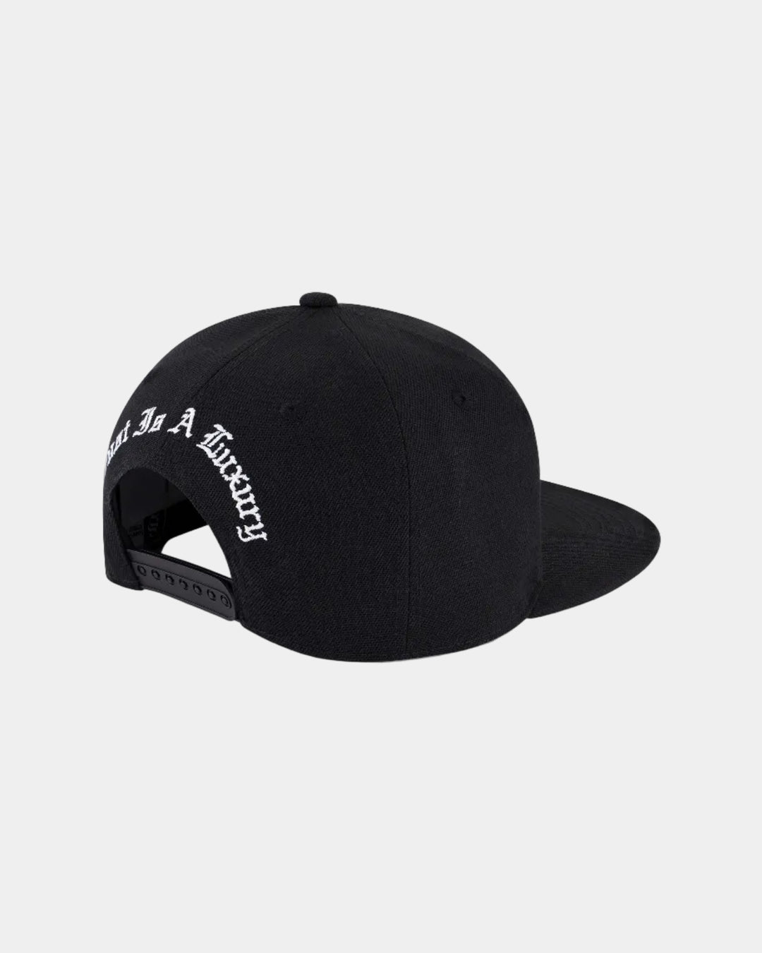 Black cap with white text on a white background
