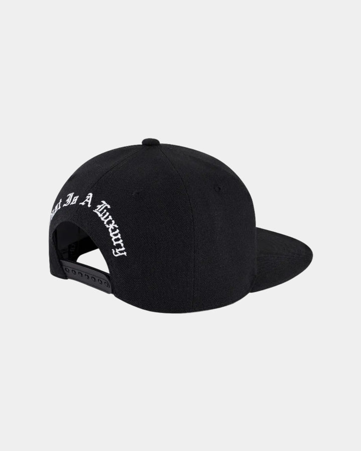 Black cap with white text on a white background