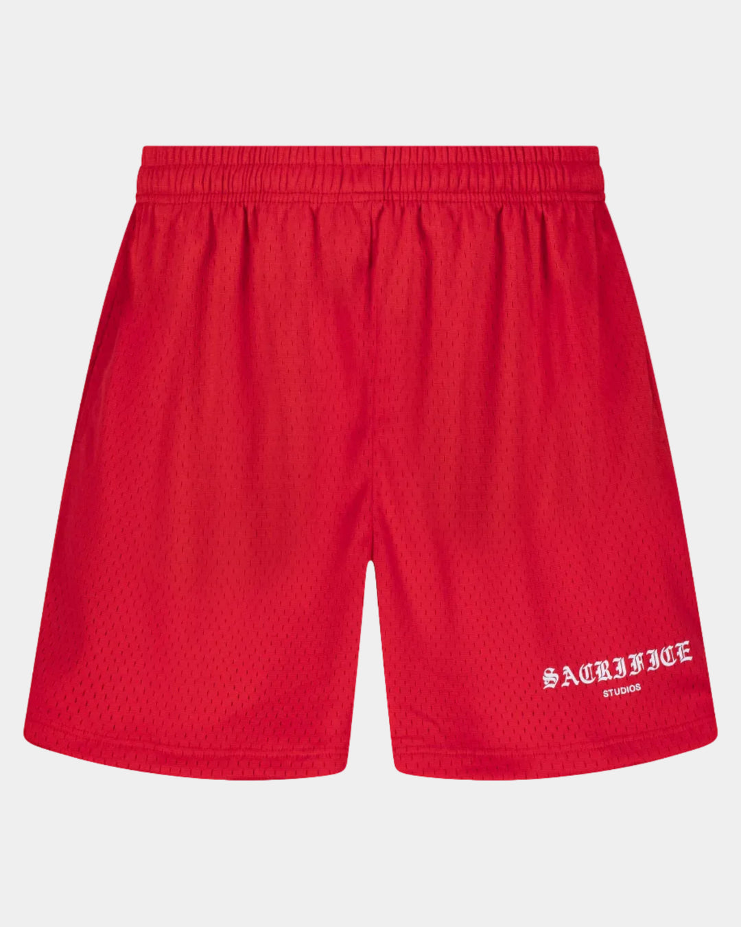 Red shorts with a brand logo on a white background