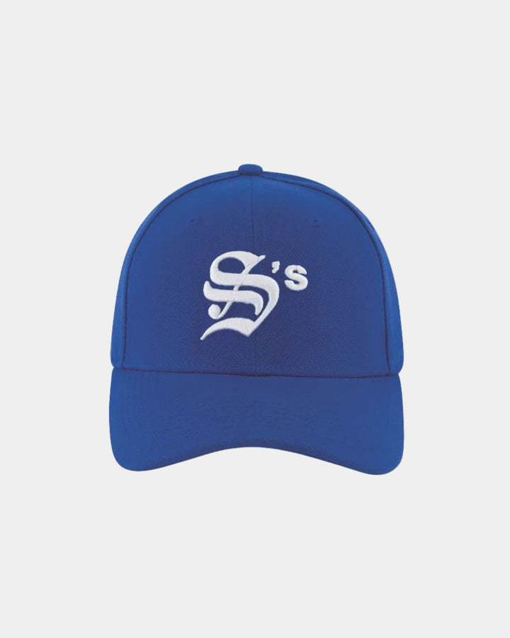 Blue cap with a white logo on a grey background