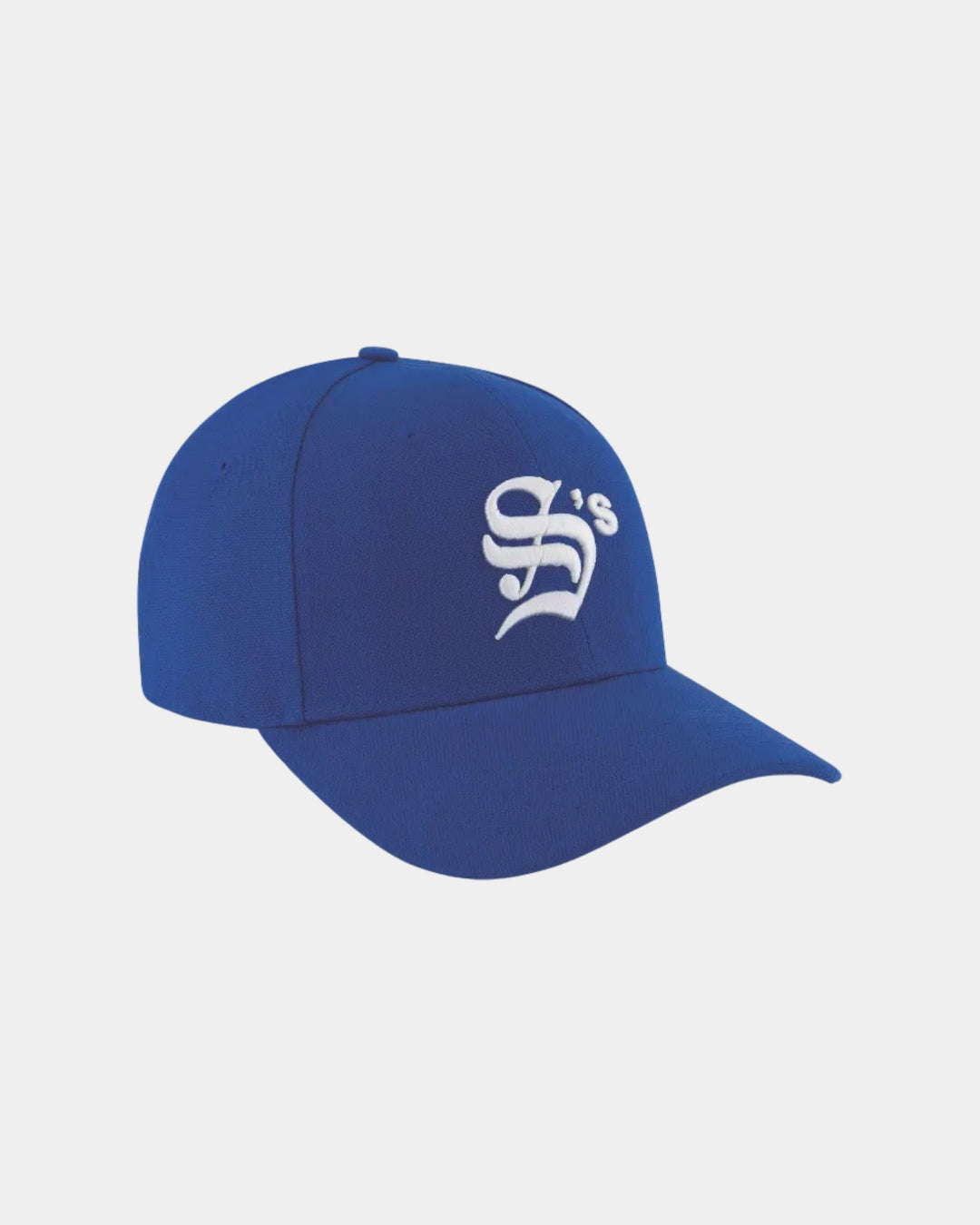 Blue baseball cap with a white logo on a grey background