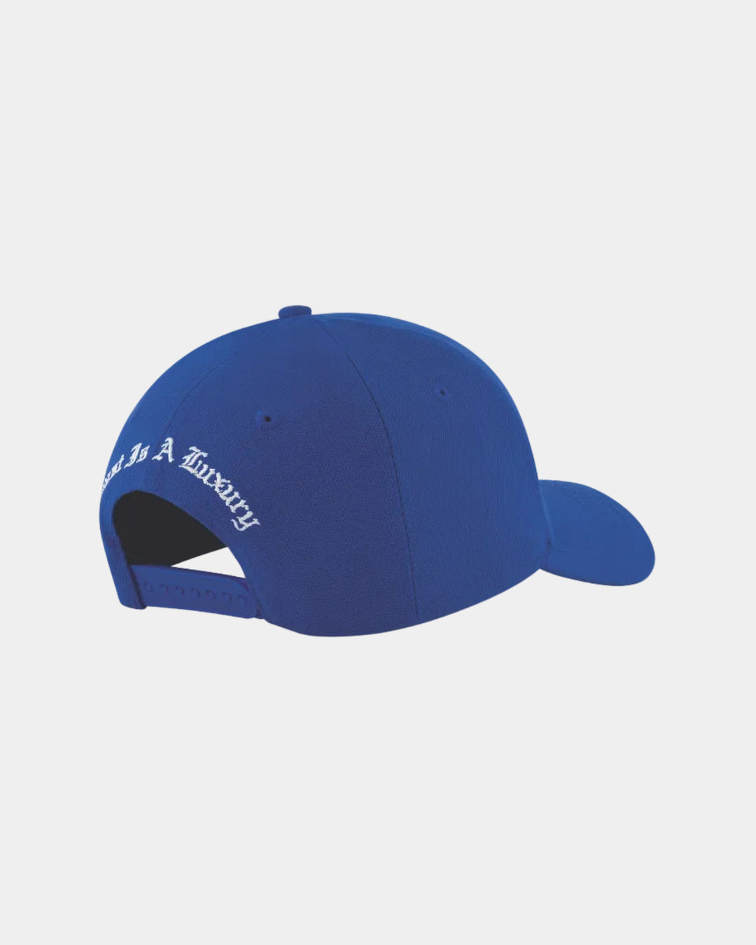 Blue cap with text on a grey background