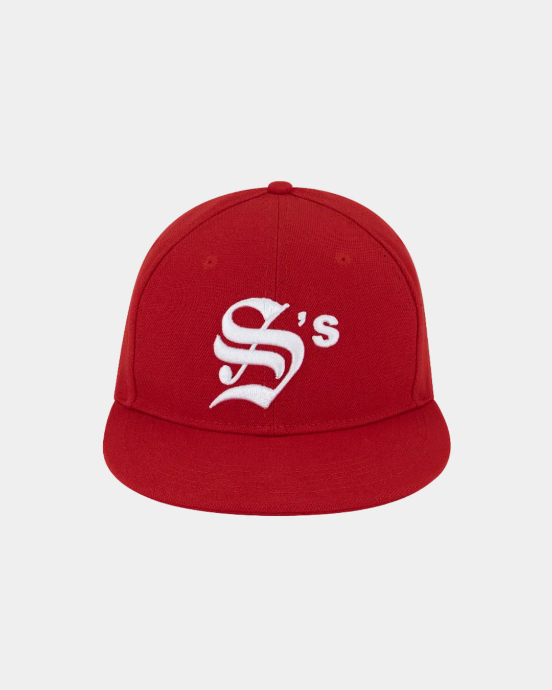 Red cap with a white logo on a white background