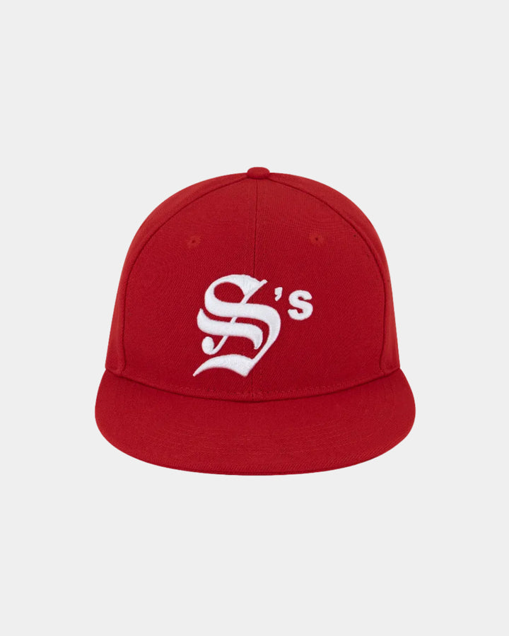 Red cap with a white logo on a white background