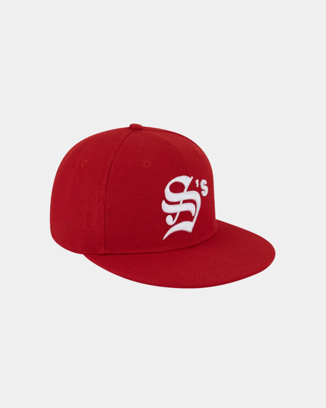 Red cap with a white logo on a white background