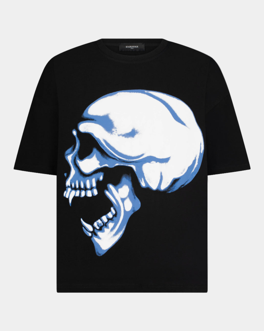 Black t-shirt with a blue and white skull design on a white background