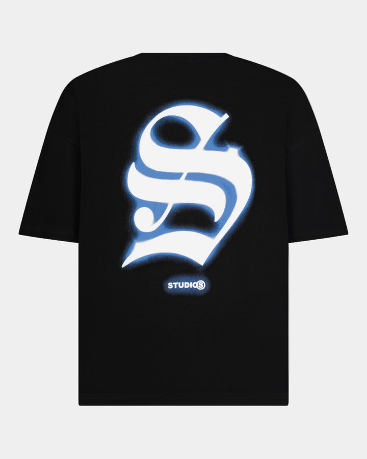 Black t-shirt with a large blue and white logo on a white background